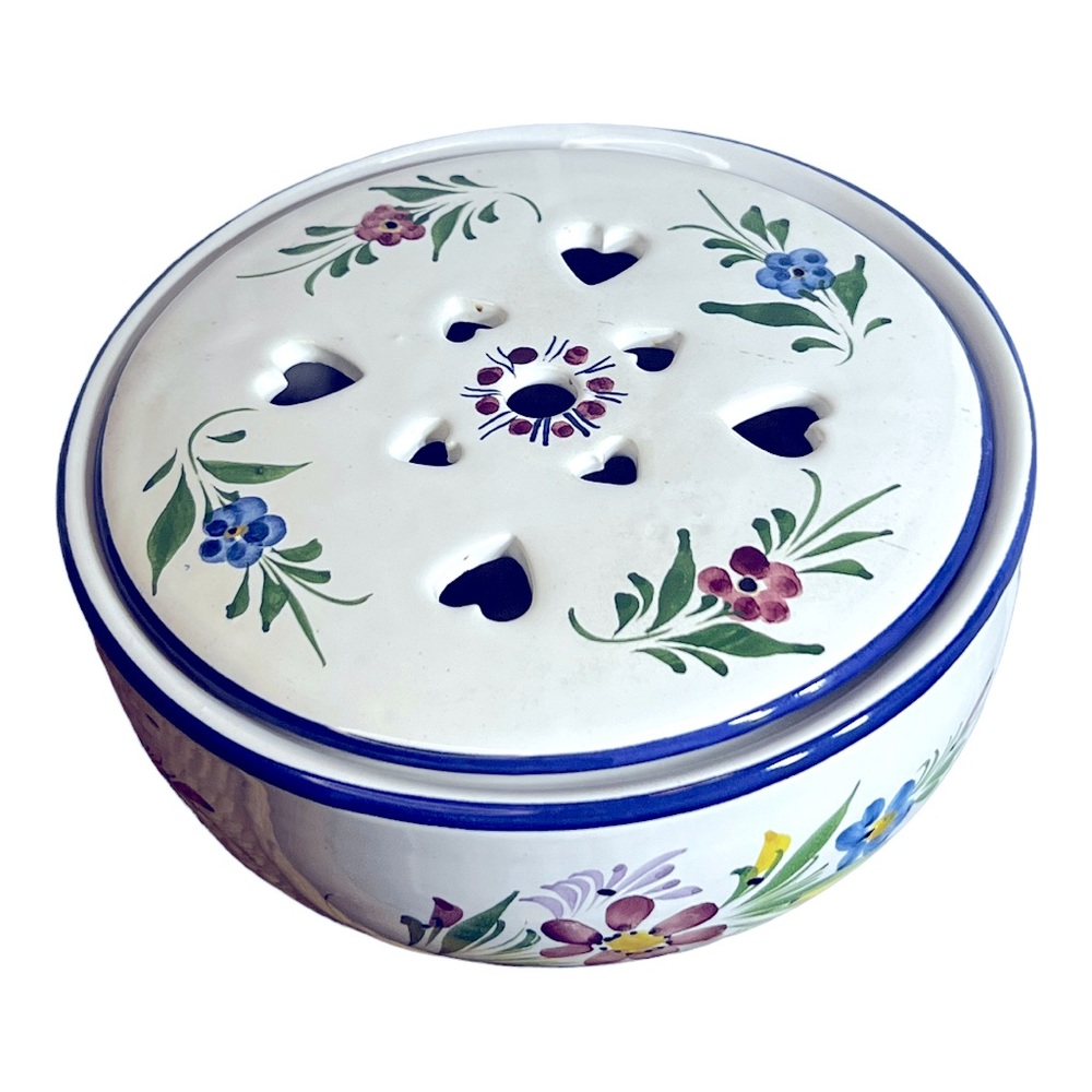 Vintage Hand Painted RCCL Portugal Pottery Floral Bowl & Lid w/ Heart Cutouts